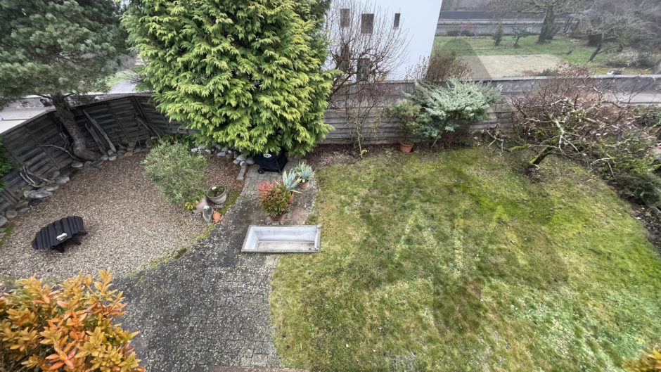 Gartenansicht mit Rasen und gepflastertem Weg