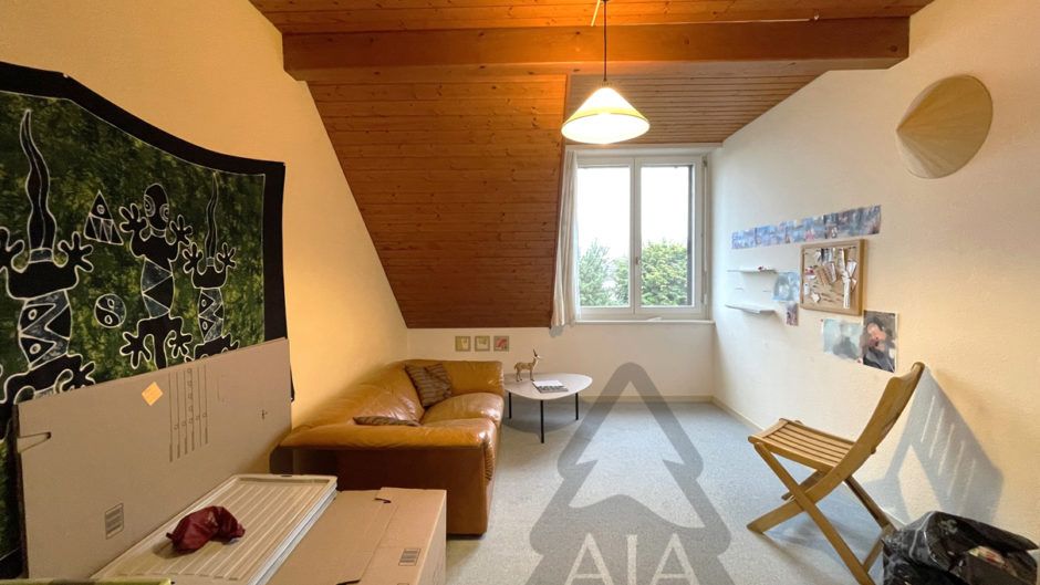 Dachzimmer mit Holzdecke und Fenster