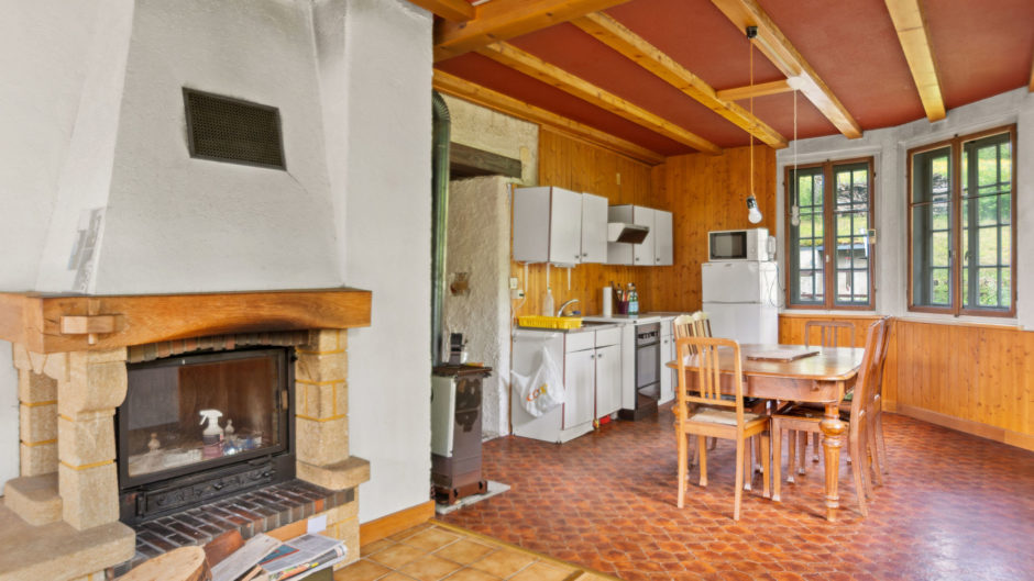 Küche mit Kamin und Essbereich