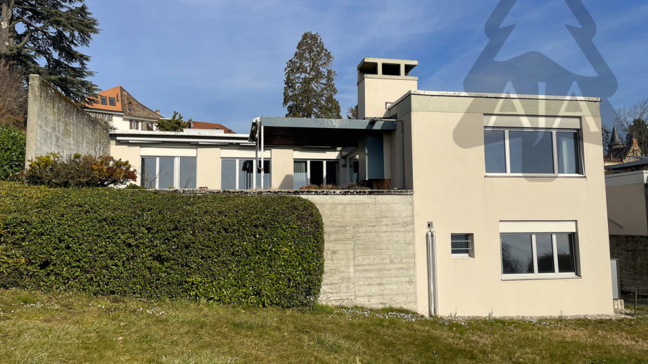 Modernes Wohnhaus mit Terrasse und Gartenhang