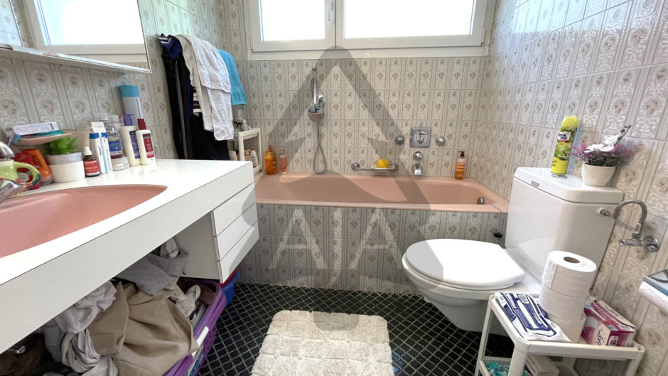 Badezimmer mit Badewanne und Waschtisch