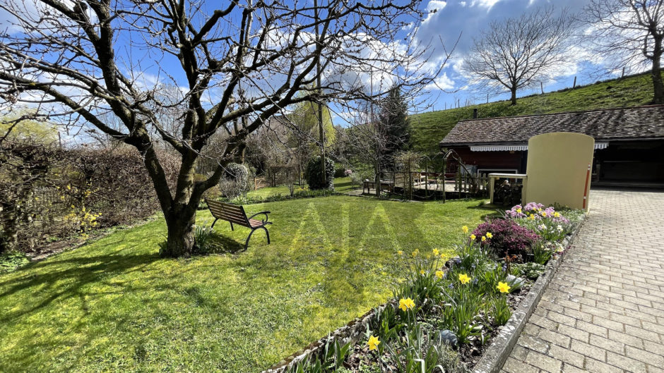 Großer gepflegter Garten mit Zufahrt und Nebengebäude