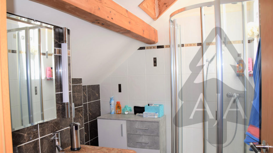Badezimmer mit Dusche und sichtbarer Holzbalkendecke