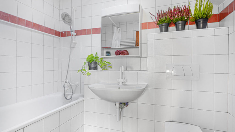 Badezimmer mit Badewanne und Waschtisch