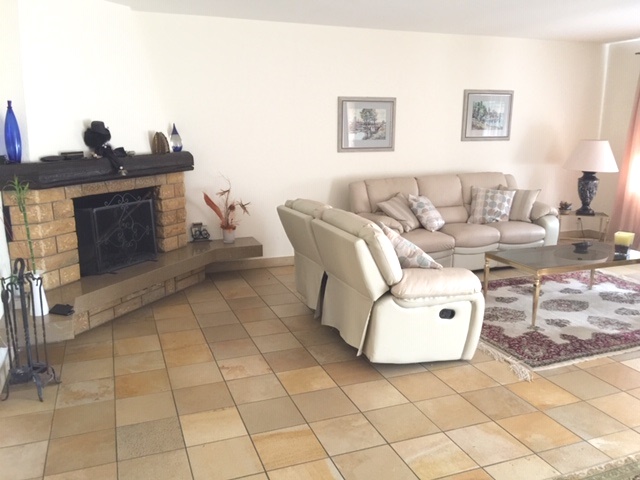 Wohnzimmer mit Kamin und Sitzgruppe