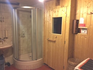 Badezimmer mit Duschkabine und Holzverkleidung