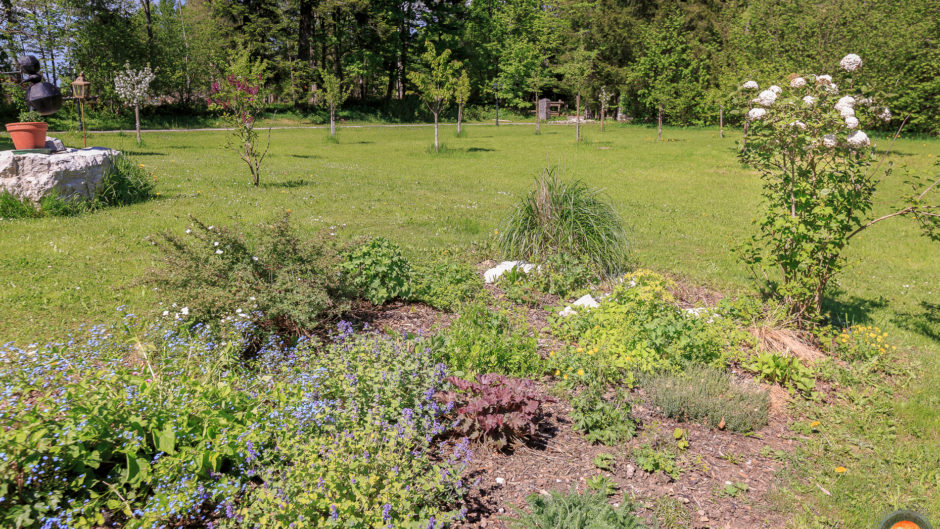 Garten mit Blumenbeet und Rasen