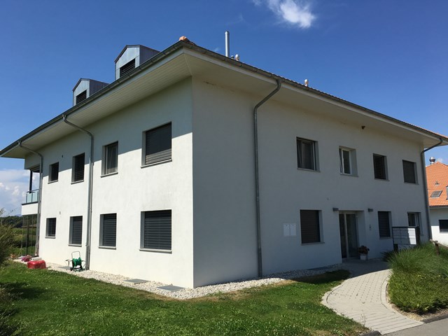 Modernes Wohnhaus mit hellem Putz und Flachdachansicht
