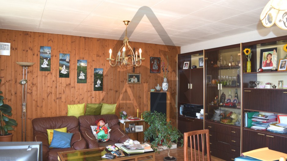 Wohnzimmer mit Holzvertäfelung und Vitrinenschrank