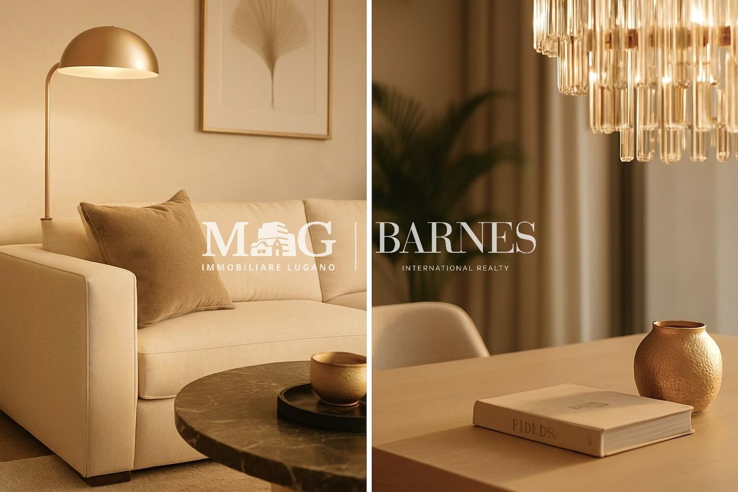 Elegantes Wohn- und Esszimmer mit warmem Staging