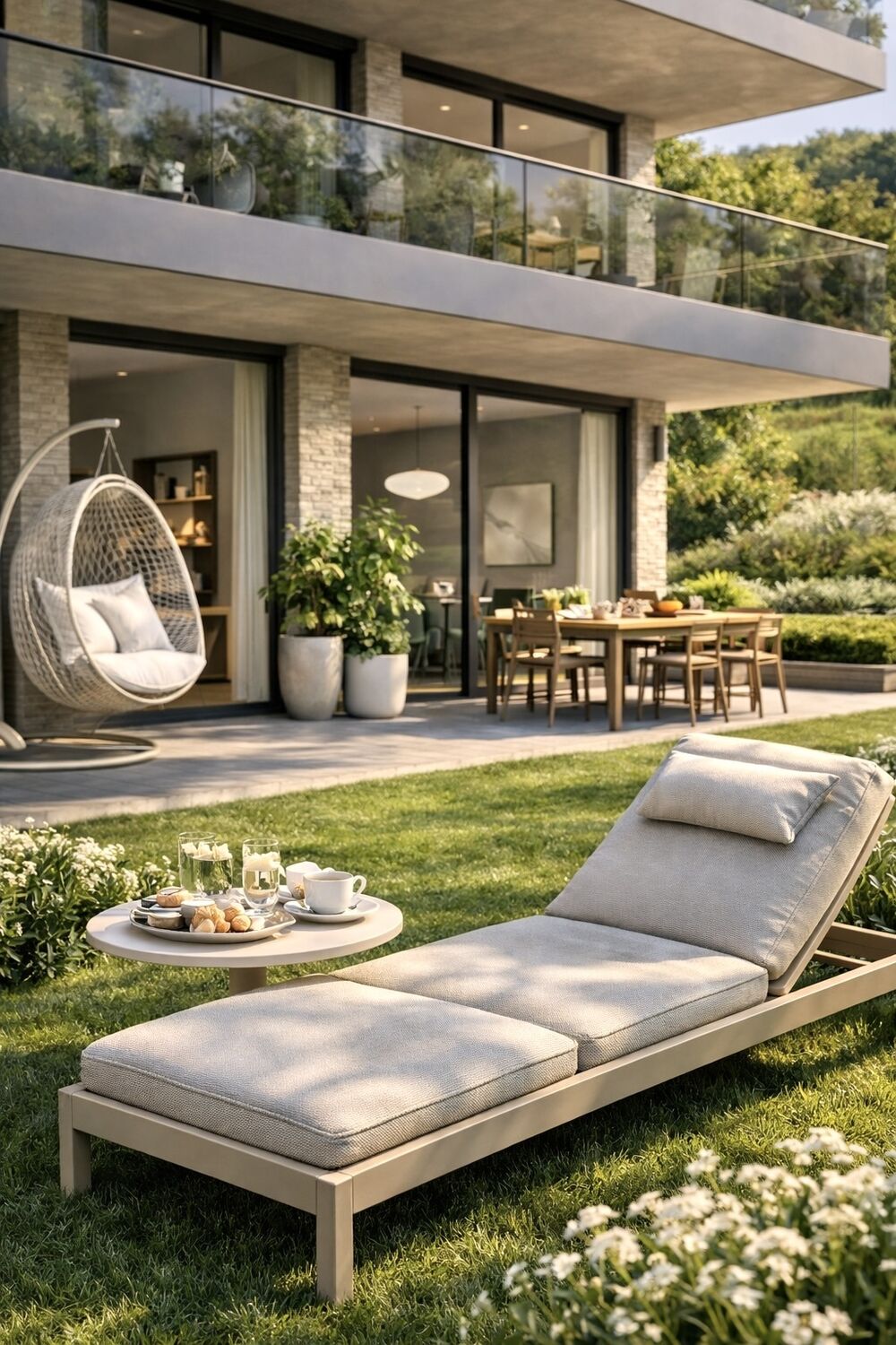 Moderner Garten mit Terrasse und Lounger