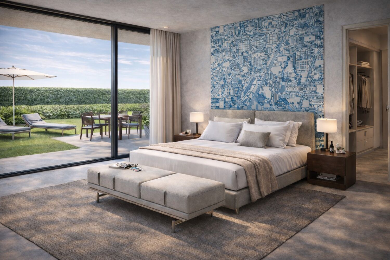 Modernes Schlafzimmer mit bodentiefer Glasfront zum Garten