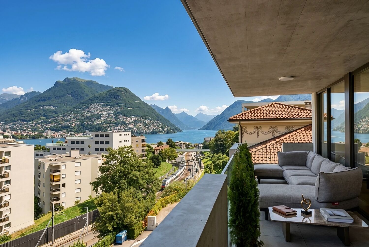 Balkon mit Seeblick und Bergpanorama