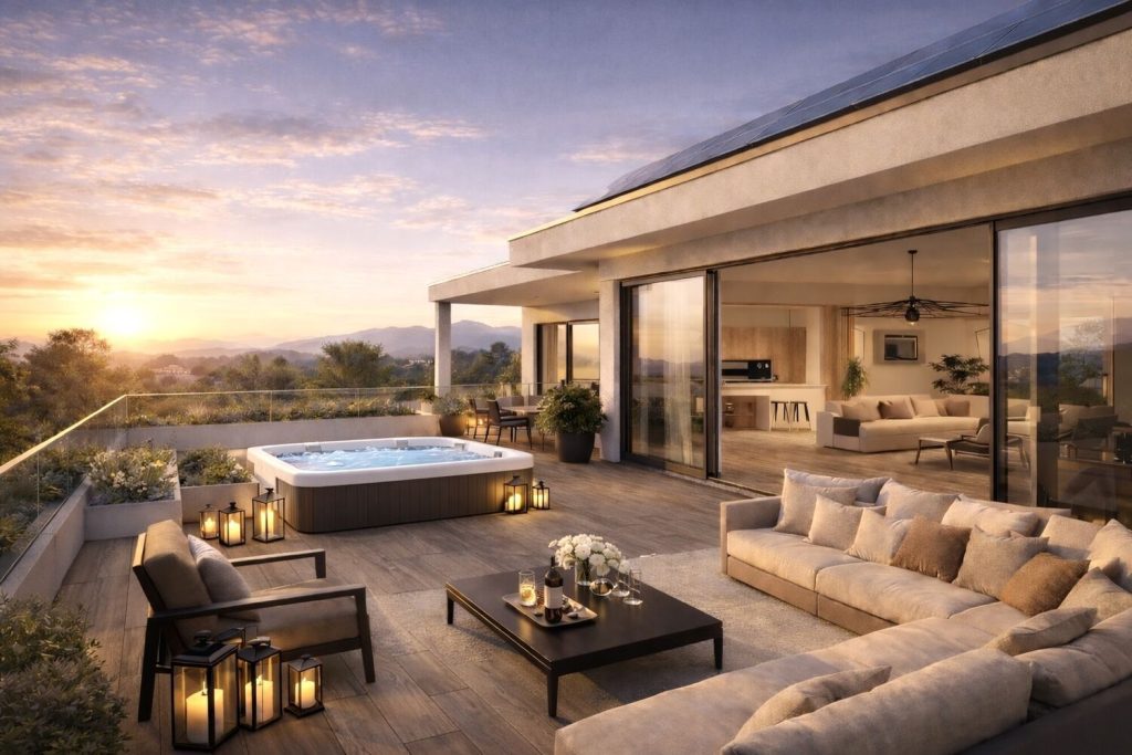 Luxuriöse Dachterrasse mit Whirlpool und Lounge