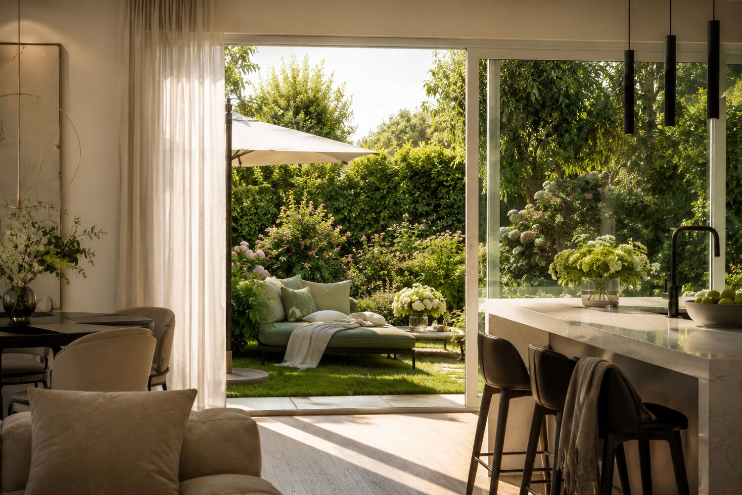 Heller Wohn- und Küchenbereich mit Blick in den Garten