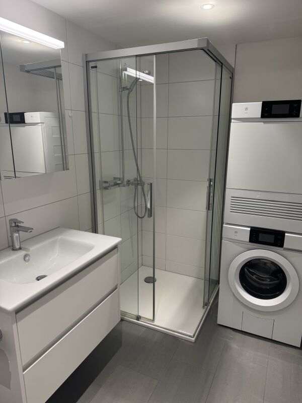 Modernes Badezimmer mit Dusche und Waschturm
