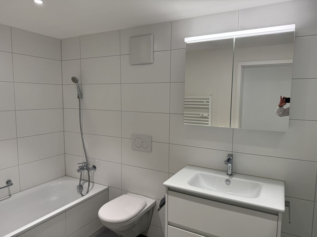 Modernes Badezimmer mit Wanne, WC und Waschtisch