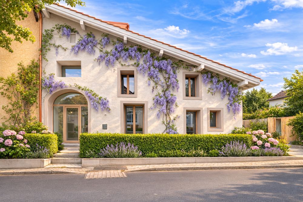 Außenansicht eines gepflegten Wohnhauses mit Blumenbewuchs