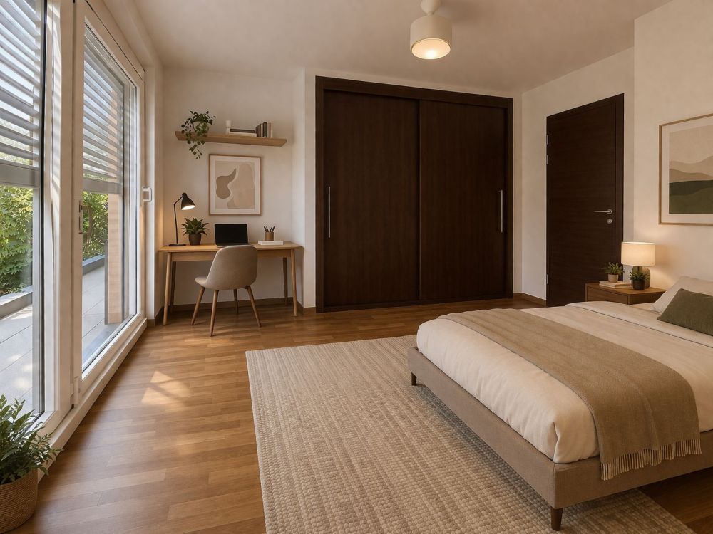 Modernes Schlafzimmer mit Arbeitsbereich
