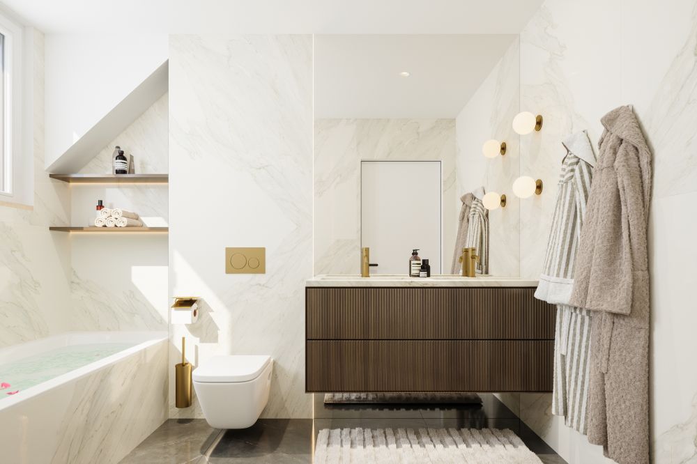 Modernes Badezimmer mit freistehender Badewanne und Waschtisch