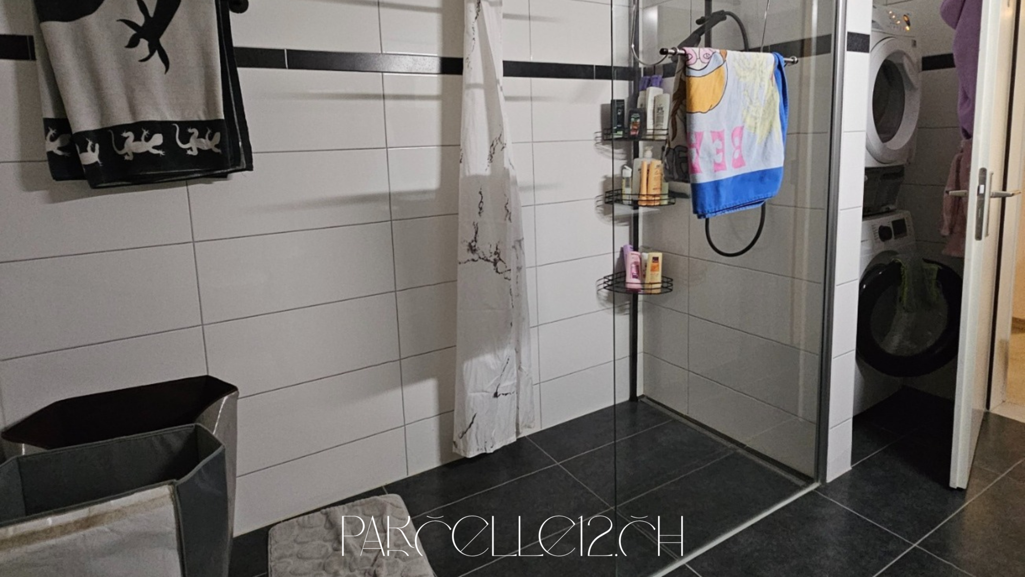 Modernes Badezimmer mit Dusche und Hauswirtschaftsnische
