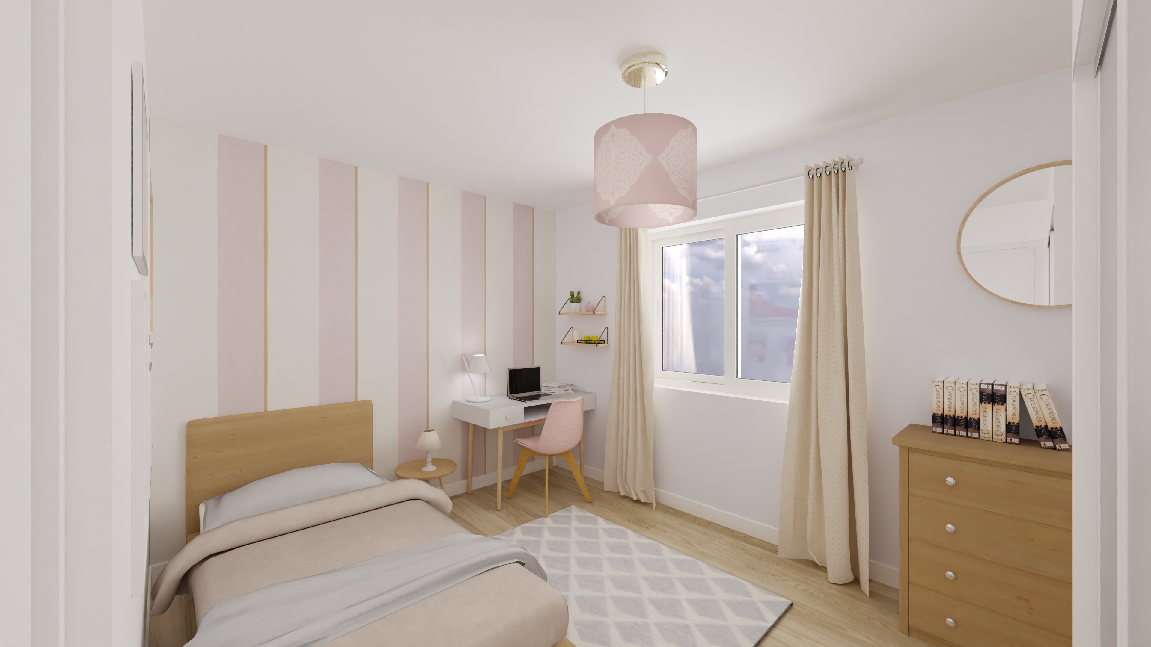 Helles Kinder- oder Gästezimmer mit pastellfarbenem Dekor
