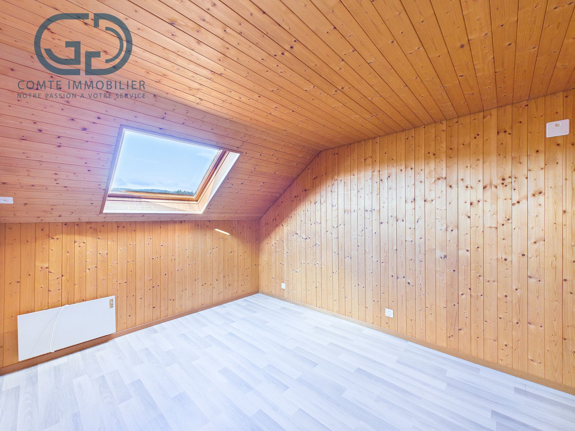 Leerer Dachraum mit Holzverkleidung und Dachfenster