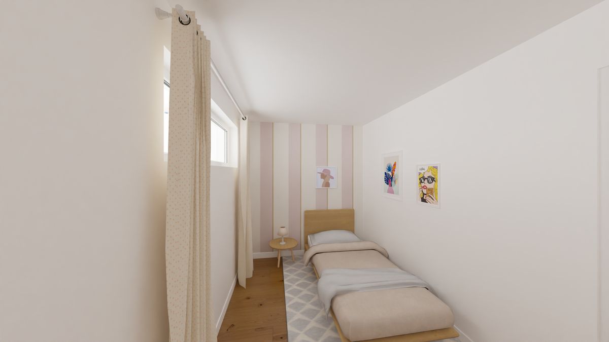 Schmales Einzelzimmer mit Bett