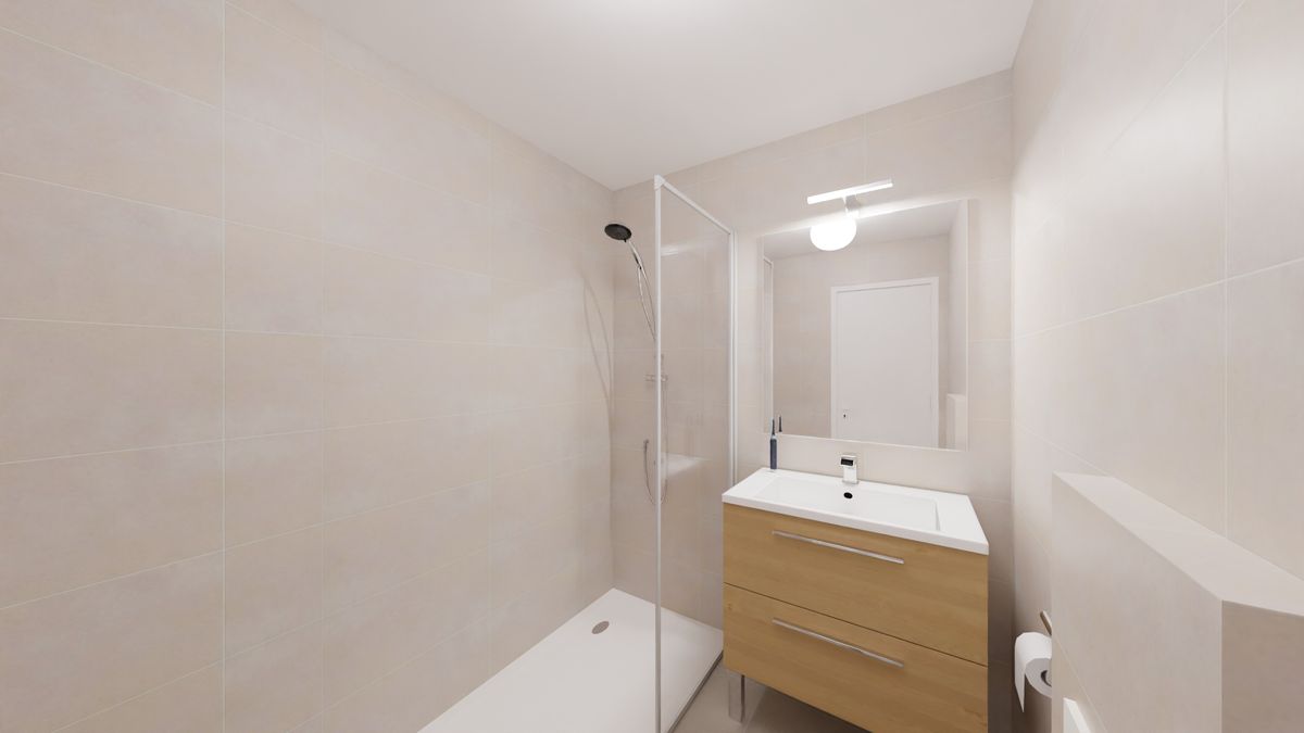 Modernes Bad mit Dusche und Waschtisch