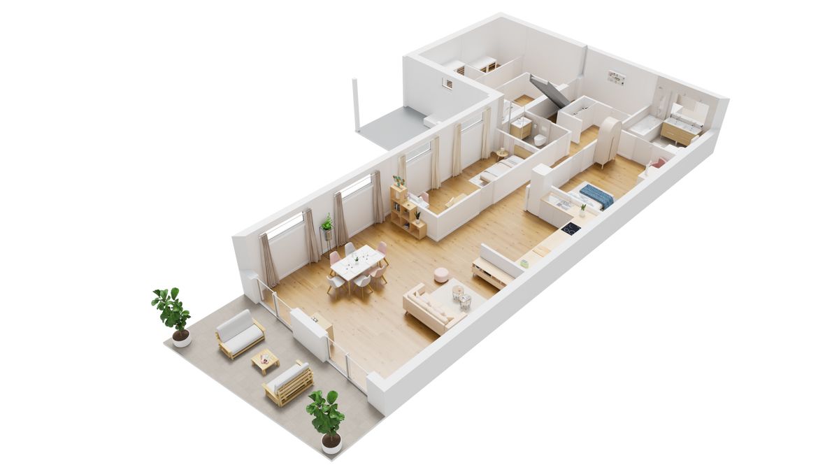 3D-Grundriss einer offenen Wohnung mit Terrasse