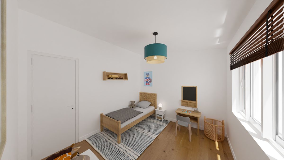 Kinderzimmer mit Holzmöbeln und Tageslicht