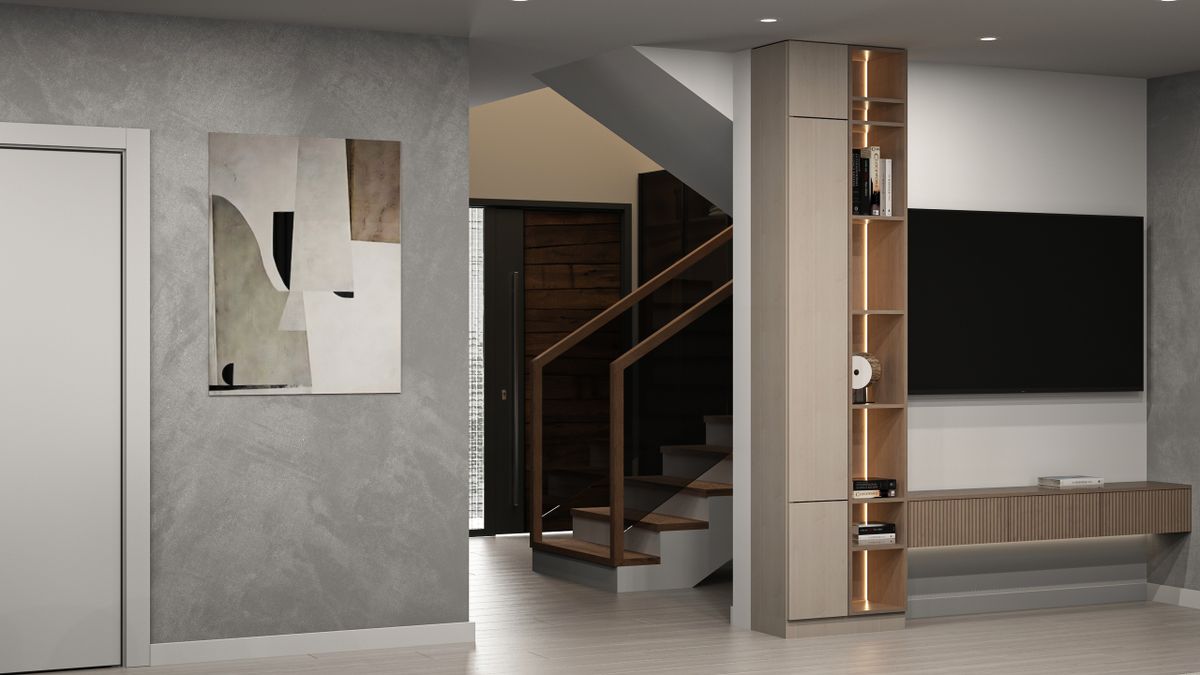 Modernes Wohninterieur mit Treppe und Medienwand