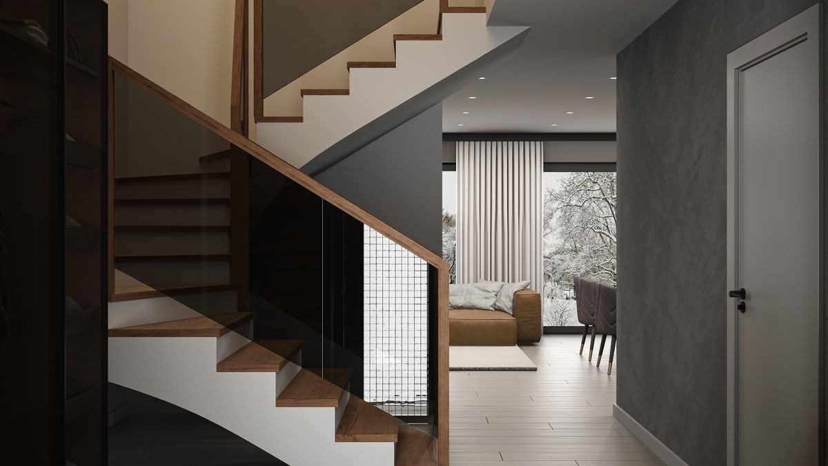 Moderner Flur mit Treppe und Blick in den Wohnbereich