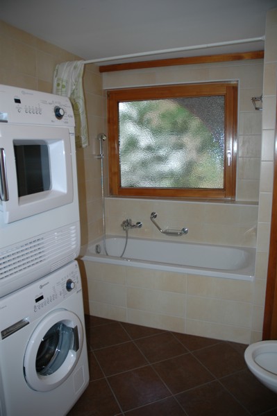 Badezimmer mit Waschmaschine und Badewanne
