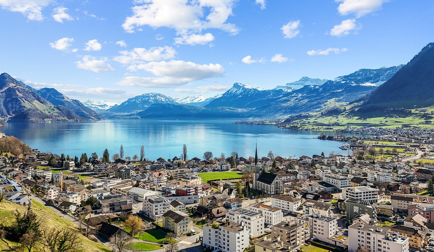Panoramablick über eine Stadt am See mit Bergkulisse