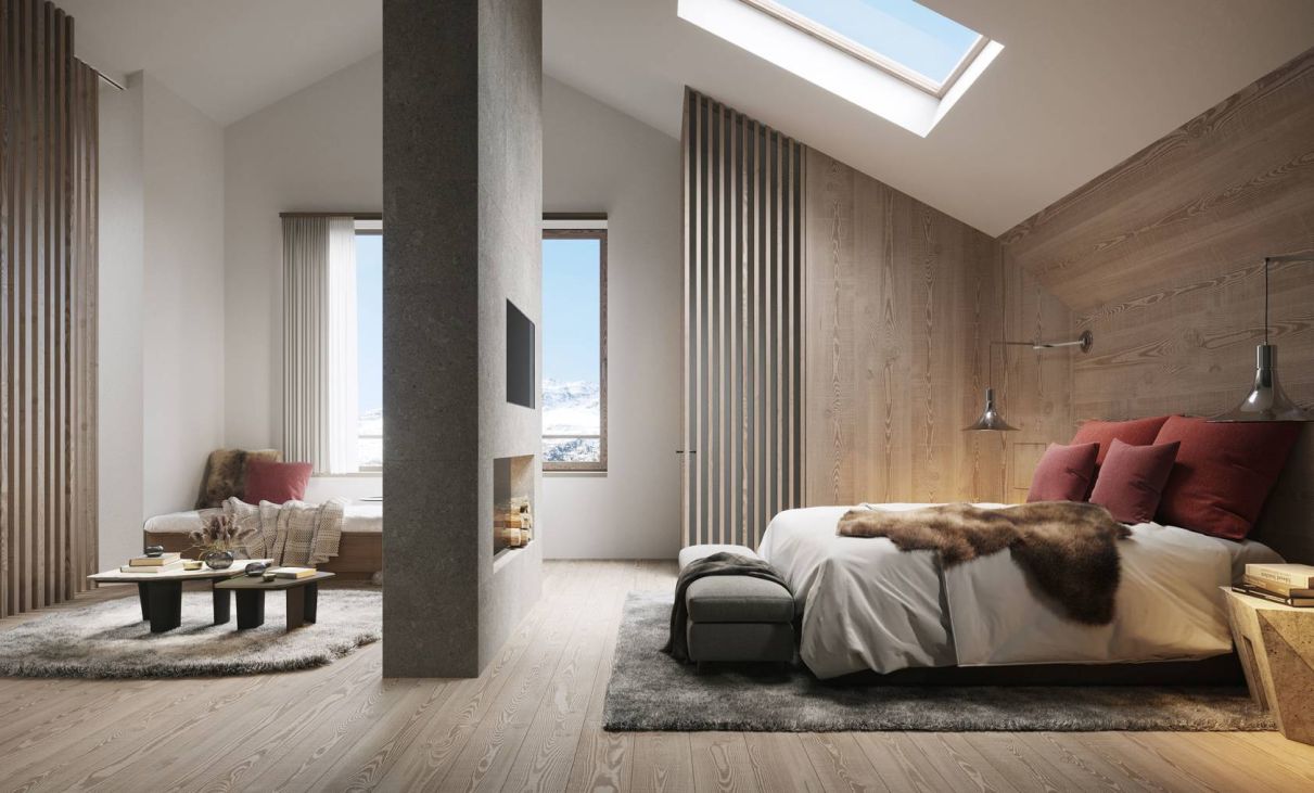 Modernes Schlafzimmer mit skandinavisch-alpinem Design