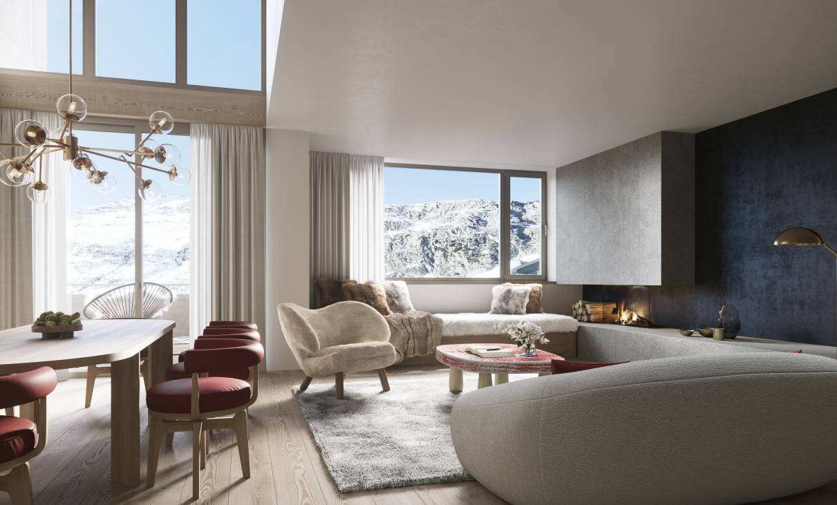 Luxuriöses Wohnzimmer mit Panoramablick in die Berge