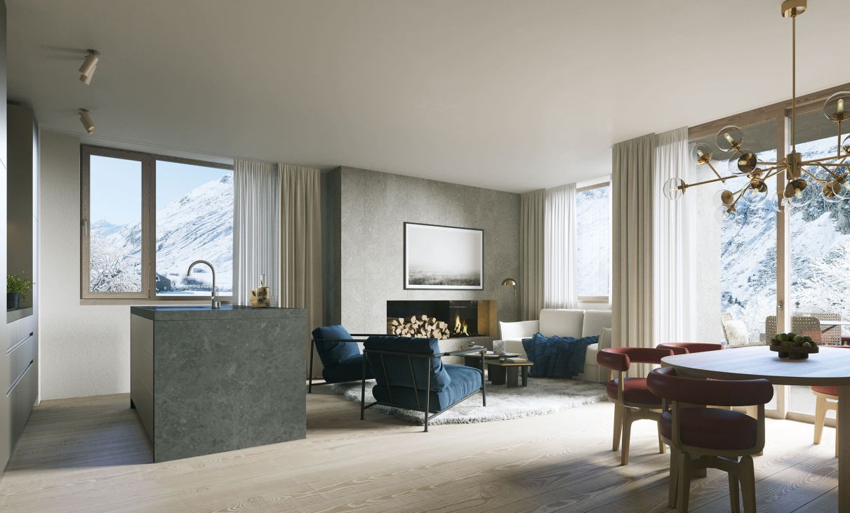 Wohnzimmer mit Kamin und Bergblick