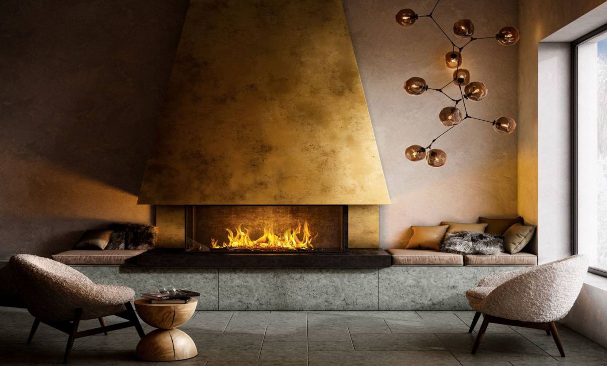 Modernes Wohnzimmer mit Kamin und Designerbeleuchtung