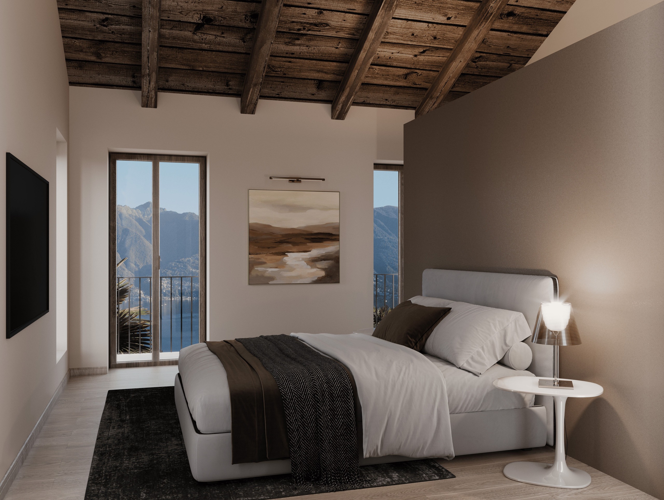 Modernes Schlafzimmer mit Bergblick