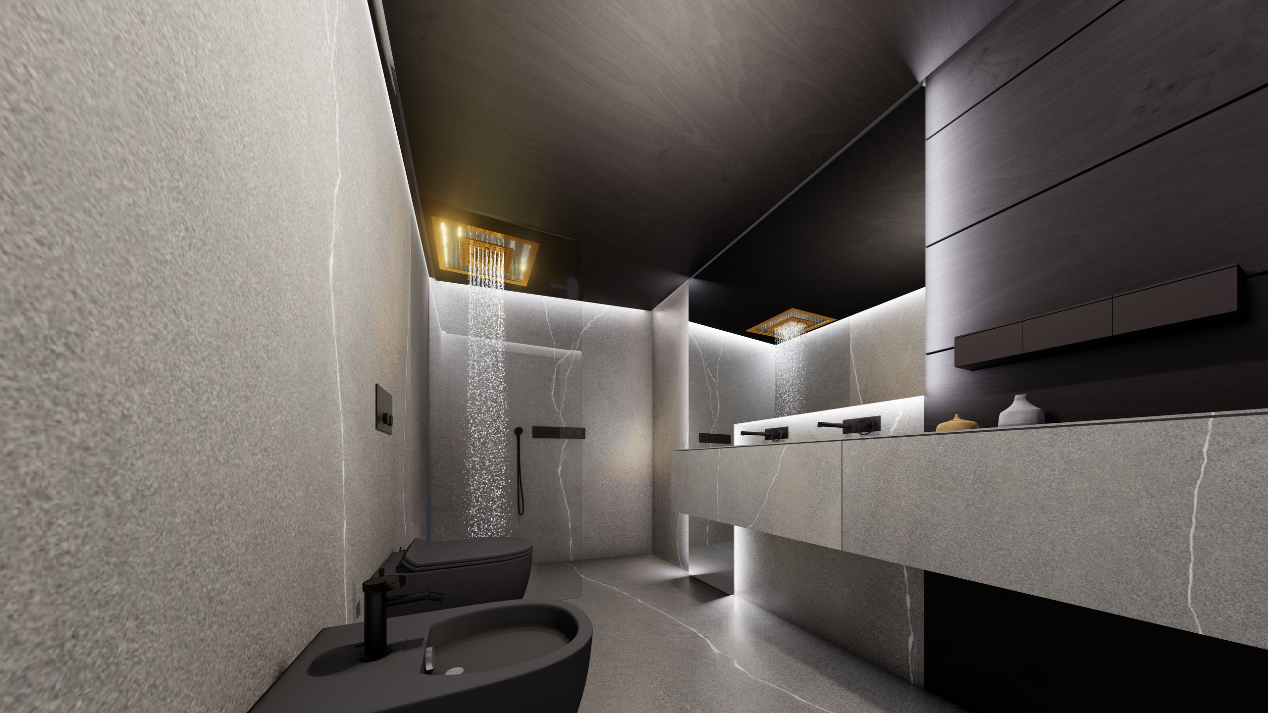 Modernes Badezimmer mit Doppelwaschtisch und Regenduschen