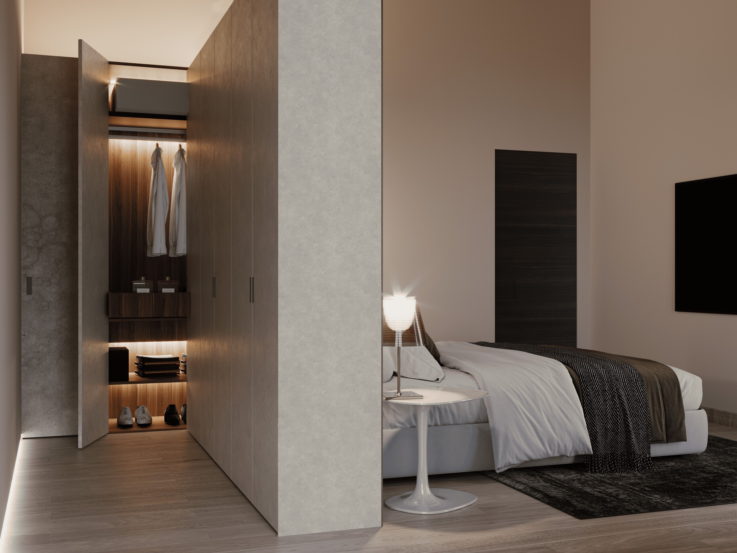 Modernes Schlafzimmer mit begehbarem Ankleidebereich