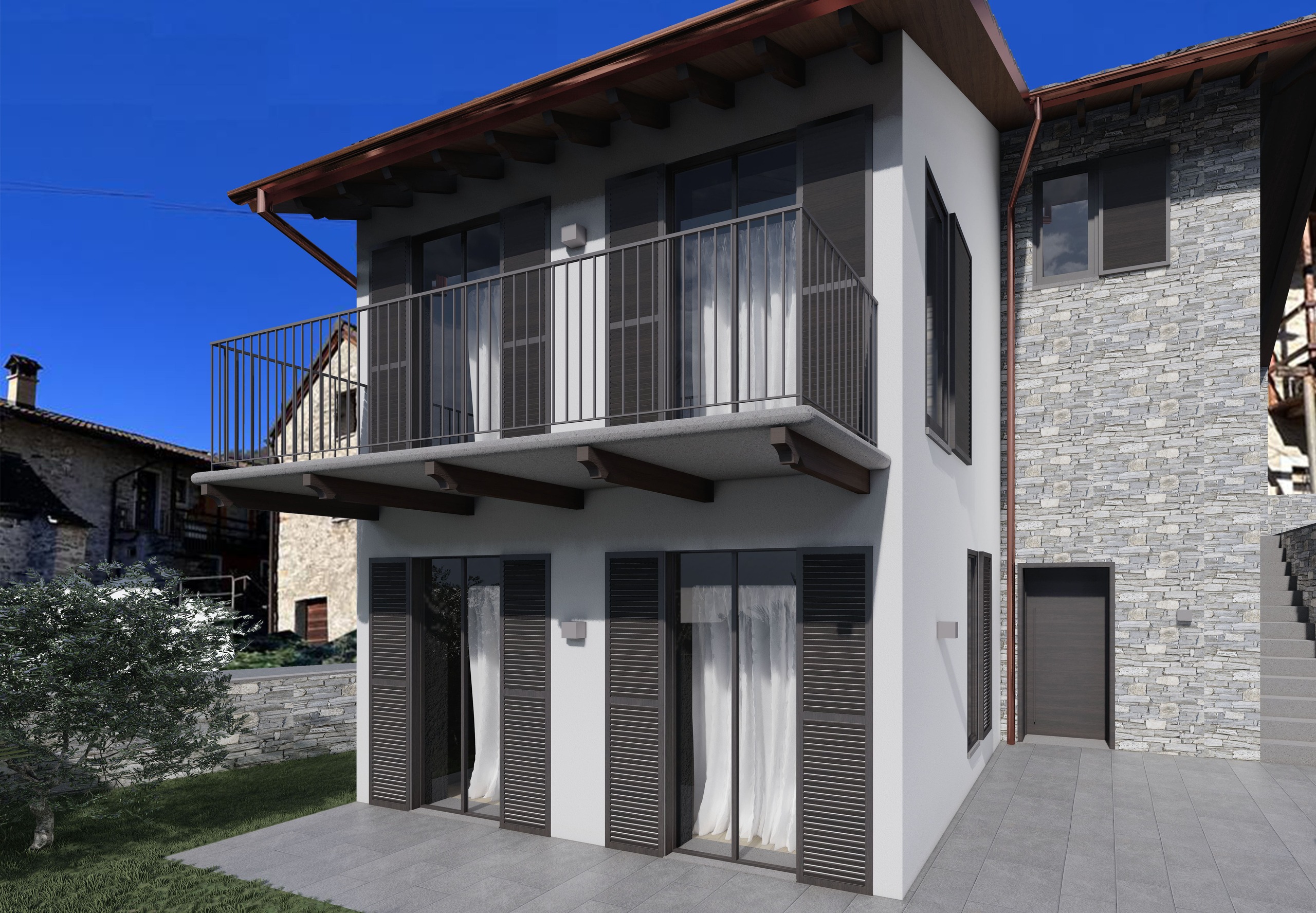 Modernes zweigeschossiges Haus mit Balkon und Steinfassade
