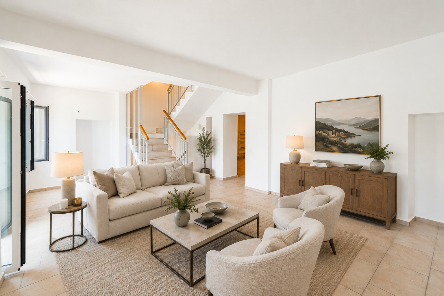 Helles, offen gestaltetes Wohnzimmer mit Treppe und mediterranem Touch