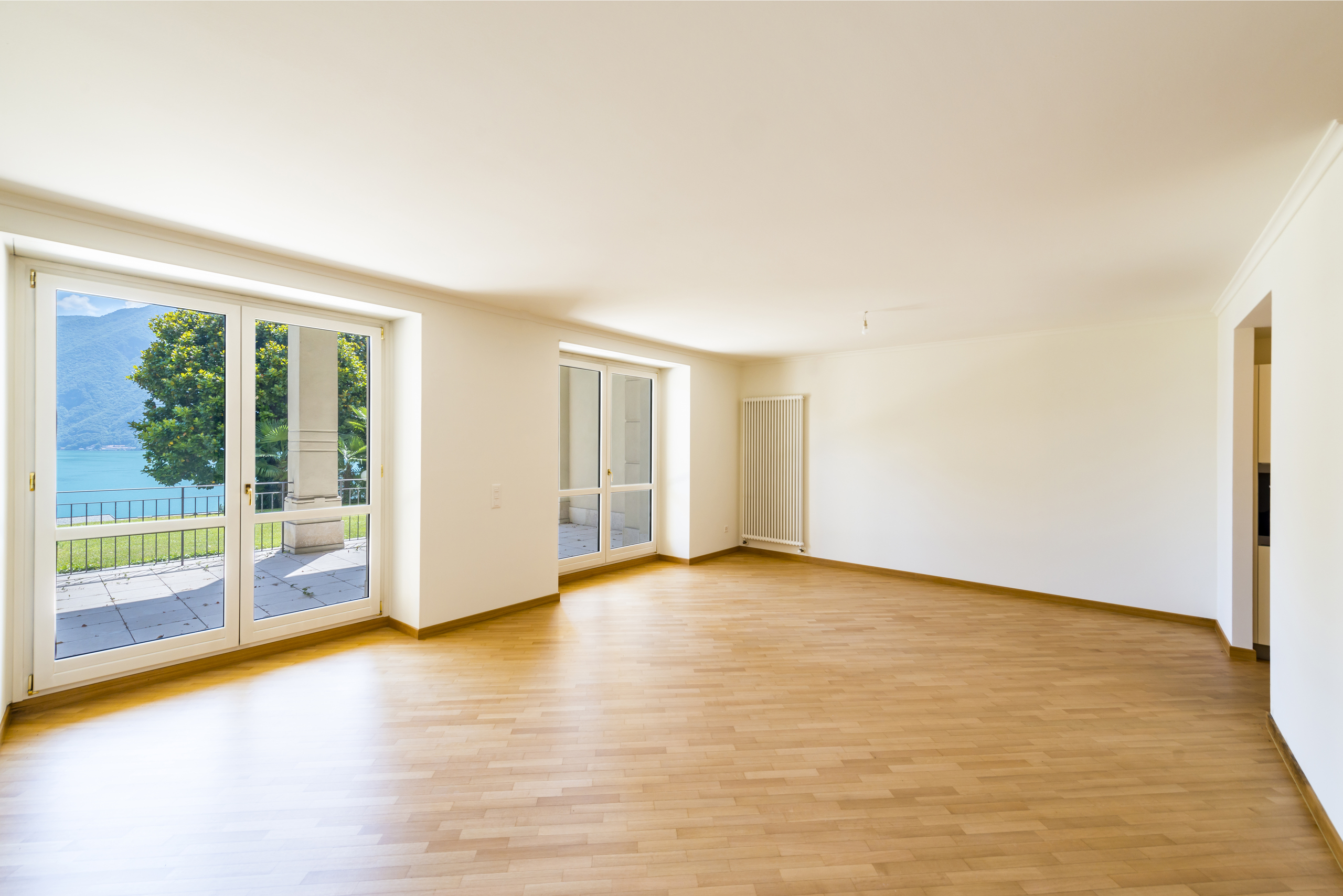 Heller leerer Wohnraum mit Seeblick