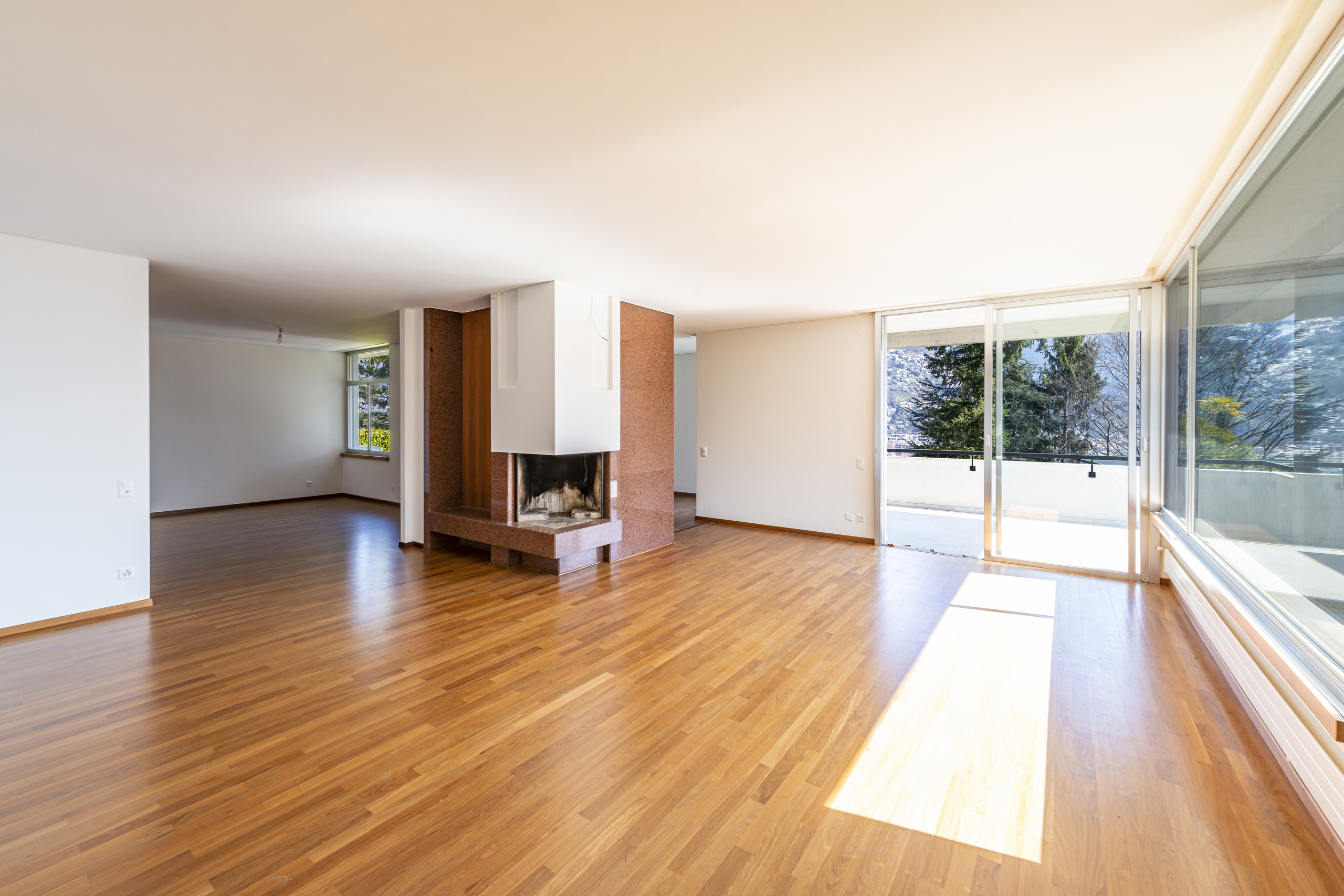 Heller Wohnraum mit Kamin und Balkon
