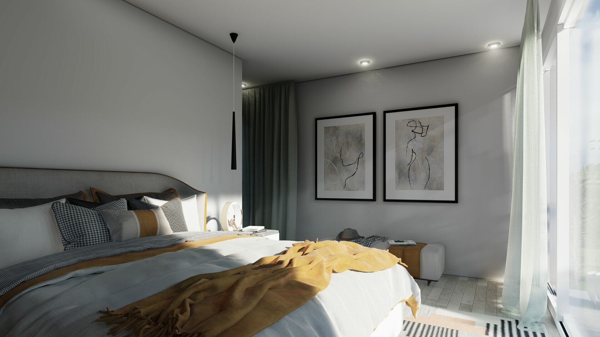 Helles, modernes Schlafzimmer mit Bett und Fensterfront