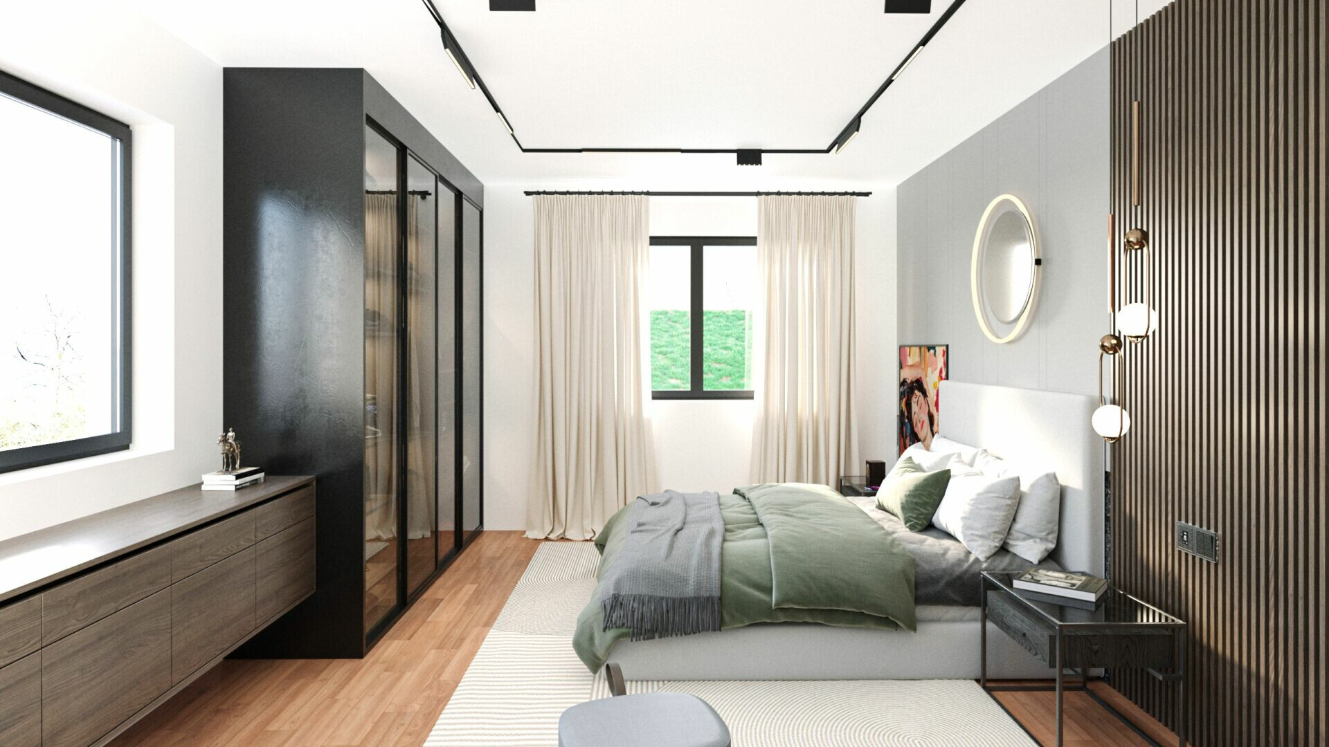 Modernes Schlafzimmer mit dunklen Akzenten