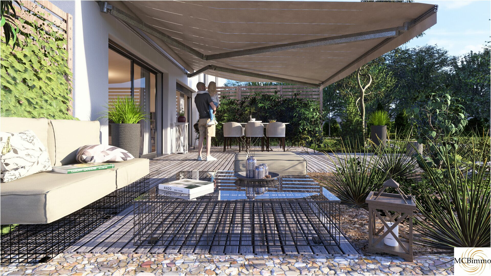 Überdachte Terrasse mit Lounge- und Essbereich
