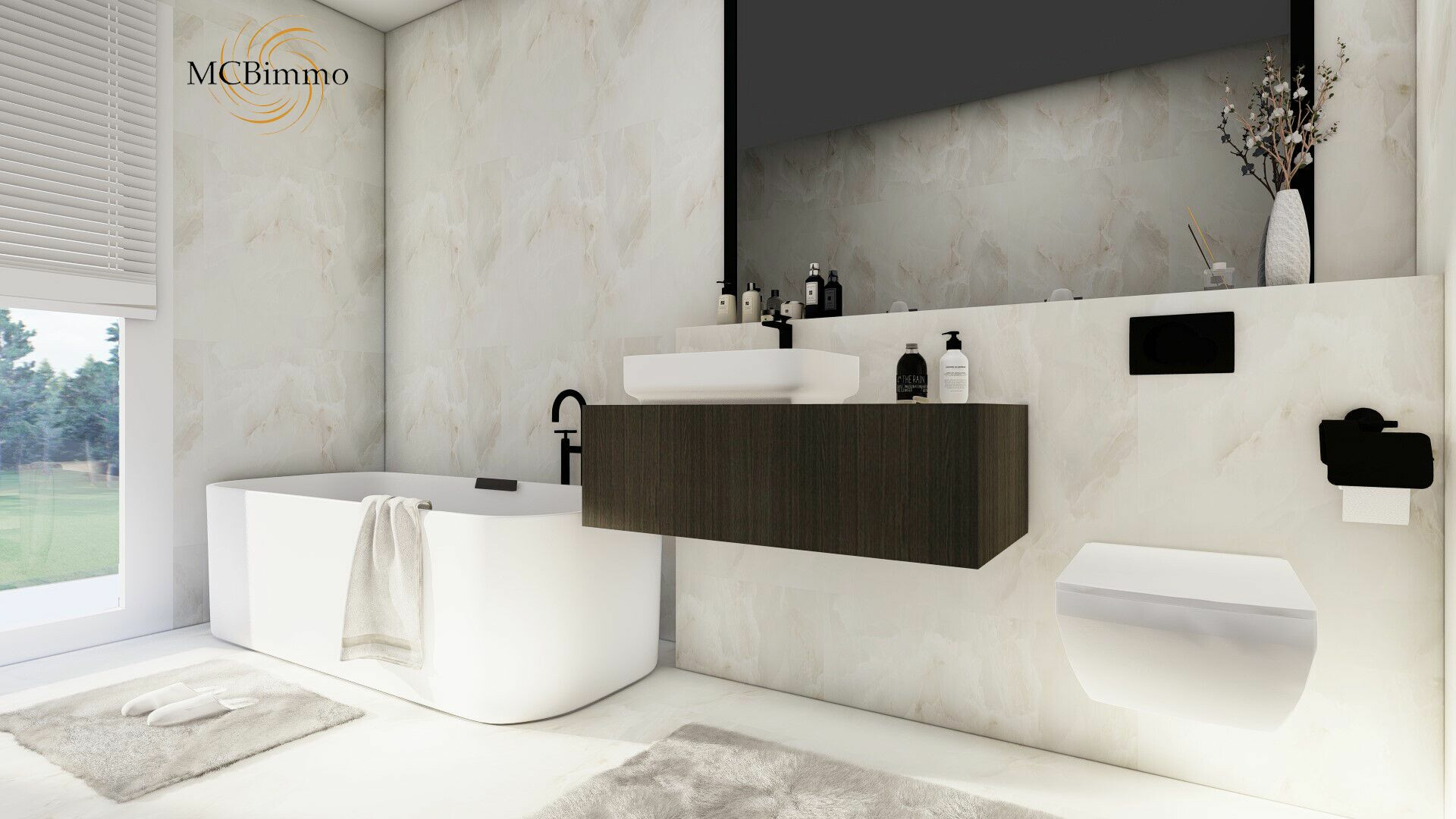 Modernes Badezimmer mit Badewanne und schwebendem Waschtisch
